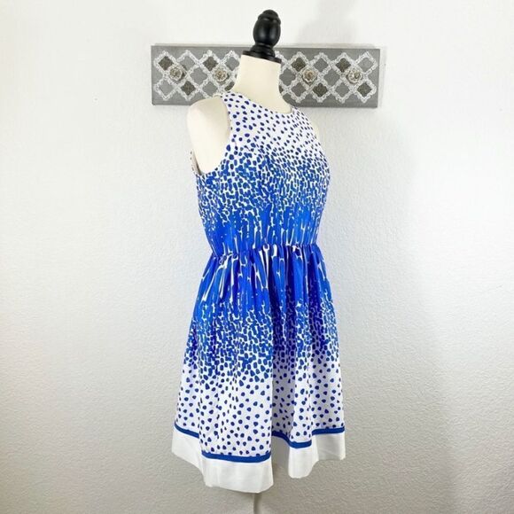 Eliza J Blue & White Multi Print Design Keyhole Dress Feminine Party Event - Picture 7 of 14